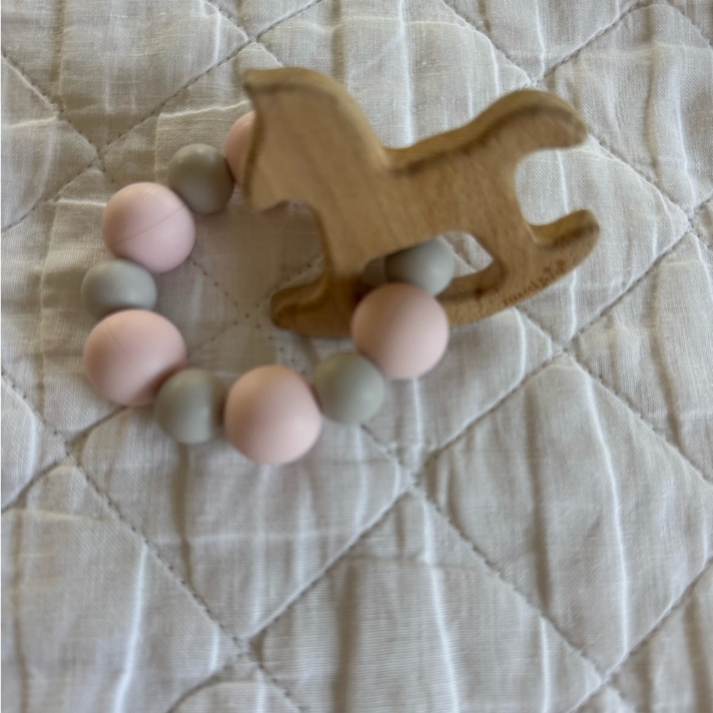 Mud Pie Wooden Horse Teether with Pink and Gray Beads